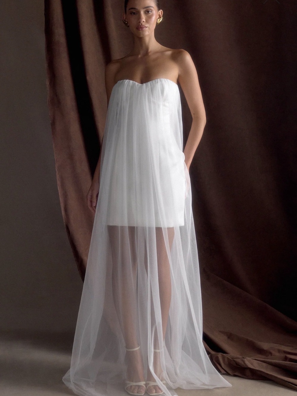 Beige Botany Strapless White Tulle Overlay Mini Dress